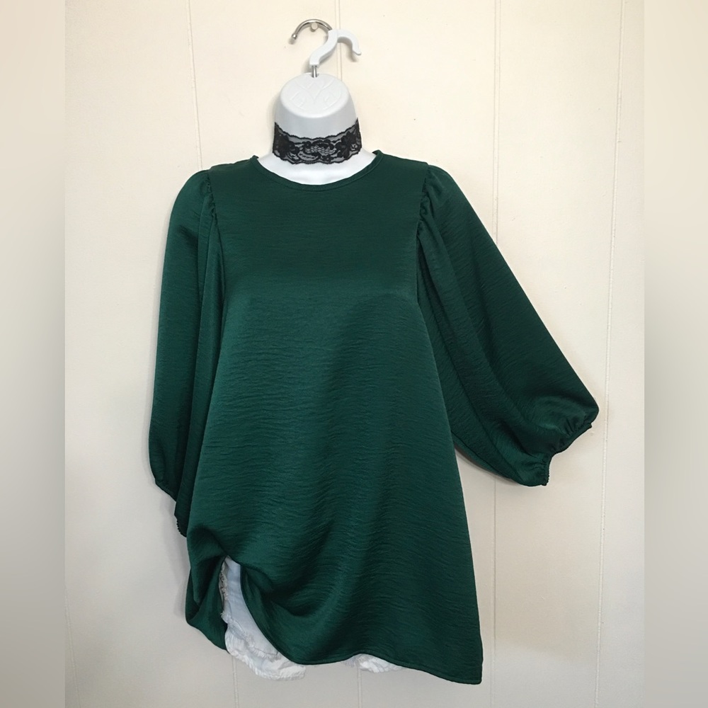 Dark Green Silky Style Look Puff Sleeve Blouse - Picture 1 of 7